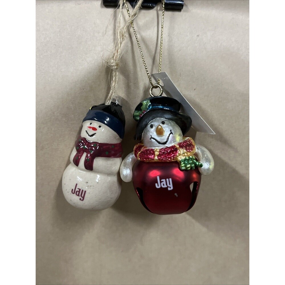 Pair Of Christmas Ganz 1.75" Snowman Personalized Ceramic & Bell‎ Ornament “Jay”